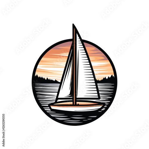 Create an editable stroke vector graphic of a sailboat gliding serenely across a calm lake at sunset.  Include detailed, realistic reflections.