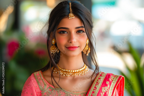 Portrait of beautiful indian girl . Young hindu woman model in sari and kundan jewelry . Traditional India costume lehenga choli . Eastern or Arabic culture. photo