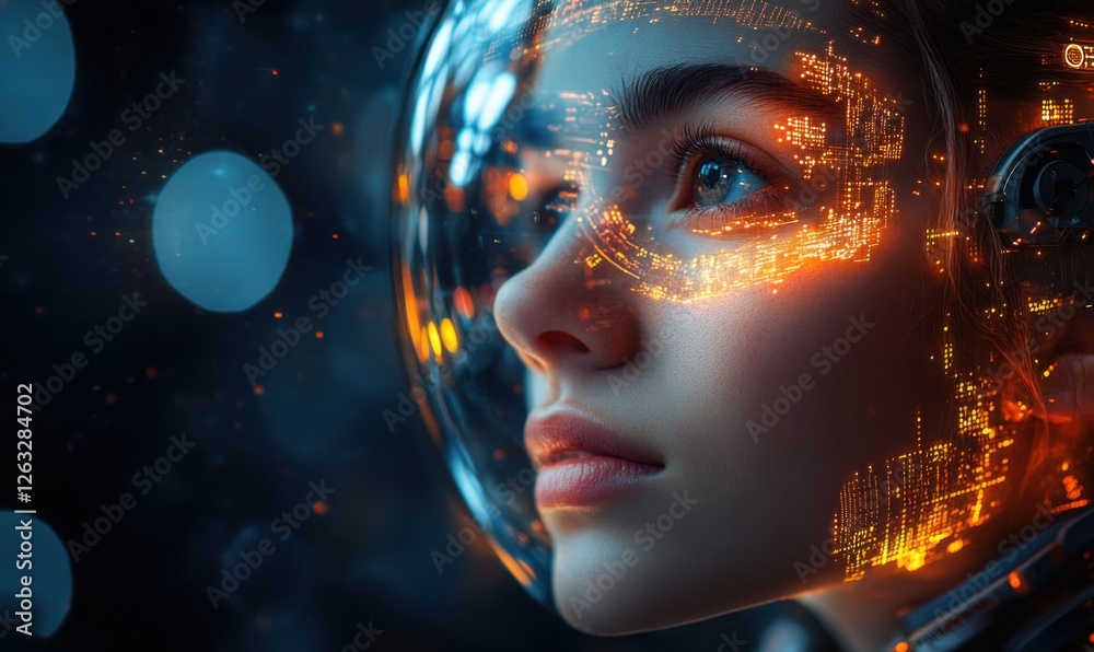 Young astronaut with a futuristic helmet illuminated by neon lights Young astronaut with a futuristic helmet illuminated by neon lights
