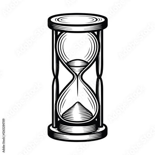 Create a high-resolution, editable stroke vector graphic of a classic hourglass or sand timer, showing sand flowing, with clear, detailed sand grains.
