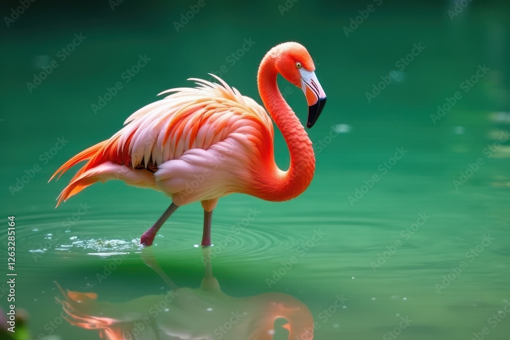 Pink flamingo wading in shallow, green-tinged water, photography, green Pink flamingo wading in shallow, green-tinged water, photography, green