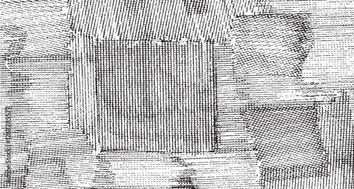 Monochrome texture composed of irregular graphic elements. Distressed uneven grunge background. Abstract vector illustration. Overlay for interesting effect and depth. Isolated on white background.