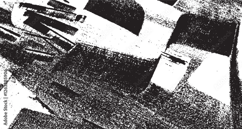 Obraz premium Monochrome texture composed of irregular graphic elements. Distressed uneven grunge background. Abstract vector illustration. Overlay for interesting effect and depth. Isolated on white background.