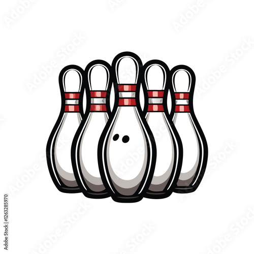 Create a clean, editable stroke vector illustration of a set of ten bowling pins, ready for animation or modification.  Include realistic shadows and highlights.