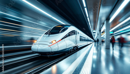 High-speed train in motion at a modern station with dynamic motion blur. photo