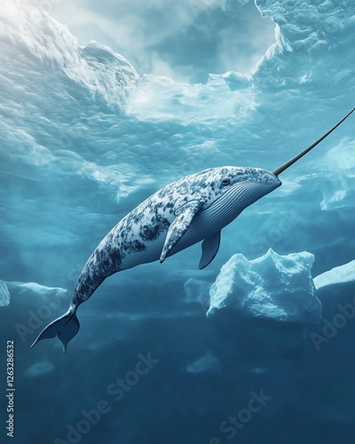 Narwhal whale swimming underwater amidst icebergs and clear blue water