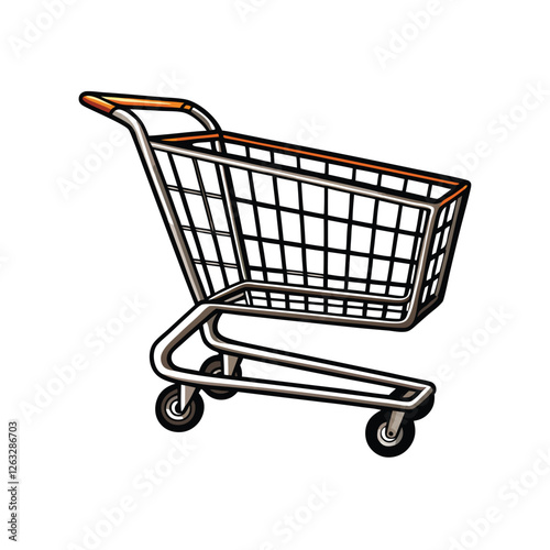 Create a clean, editable stroke vector illustration of a realistic shopping cart, suitable for website and app interfaces.  Include detailed handles and wheels.