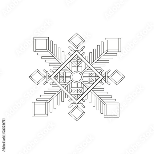 Symmetric snowflake icon. Abstract frosty pattern. Geometric winter shape. Black line vector. EPS 10.