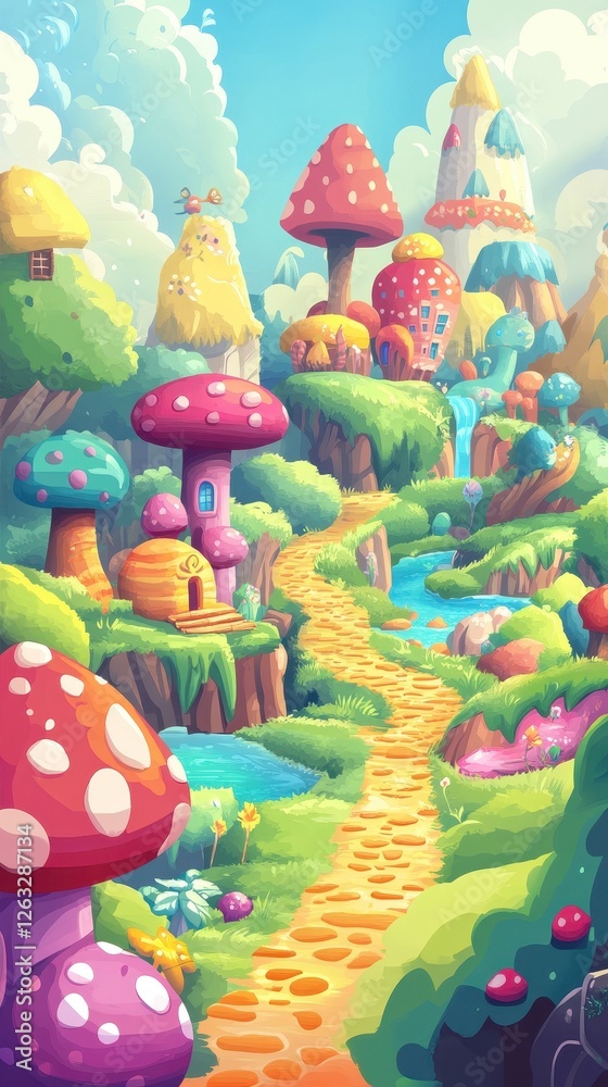 Whimsical mushroom village with a cobblestone path and flowing river Whimsical mushroom village with a cobblestone path and flowing river