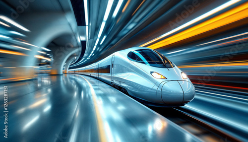 High-speed train in motion at a modern station with dynamic motion blur. photo