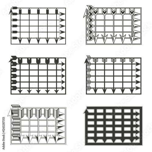 Arrow table design. Chart grid layout. Geometric row pattern. Black and white illustration. EPS 10.