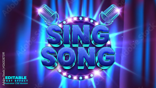 Sing song musical event party on theatre poster design with microphone vector and shiny neon light