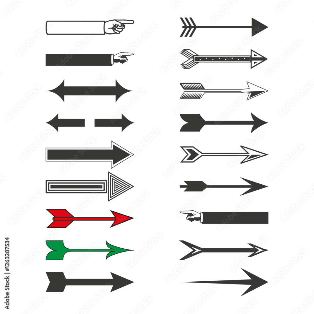 Arrow set vector. Pointing direction symbols. Decorative arrows collection. Design navigation shapes. EPS 10. Arrow set vector. Pointing direction symbols. Decorative arrows collection. Design navigation shapes. EPS 10.