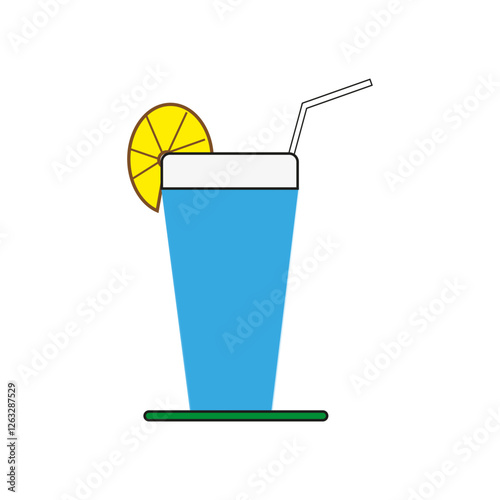 Blue drink glass. Lemon slice garnish. Refreshing beverage icon. Vector illustration. EPS 10.
