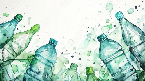 Plastic Pollution Illustrated Through a Watercolor Arrangement of Green Plastic Bottles for Awareness on Ecology and Ocean Protection. Generative AI