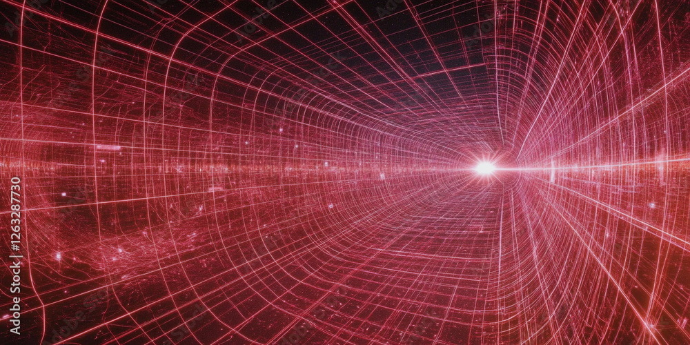 Fototapeta premium Red digital corridor of information flows, data processing. Virtual space. AI