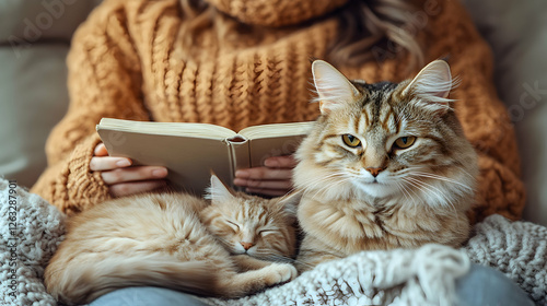 Woman reading book with two cats on lap, cozy home