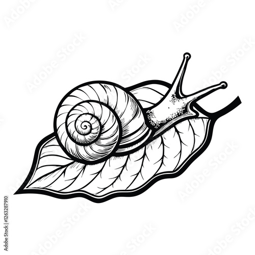 Create an editable stroke vector graphic of a snail slowly moving and leaving a glistening slime trail behind.  High-resolution, detailed shell texture.