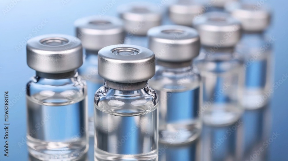 Close-up View of Clear Glass Vials with Silver Caps Containing Liquid Against a Soft Blue Background Ideal for Medical and Pharmaceutical Themes Close-up View of Clear Glass Vials with Silver Caps Containing Liquid Against a Soft Blue Background Ideal for Medical and Pharmaceutical Themes