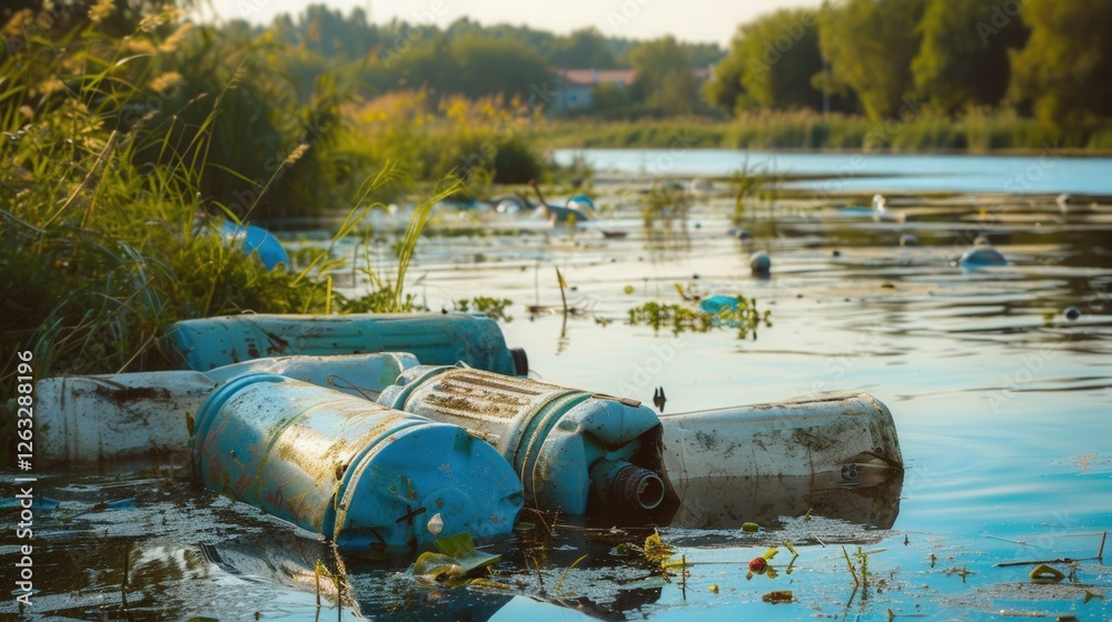 Plastic Waste Pollutes a Serene Lake Affecting Aquatic Life and Ecosystems. Generative AI Plastic Waste Pollutes a Serene Lake Affecting Aquatic Life and Ecosystems. Generative AI