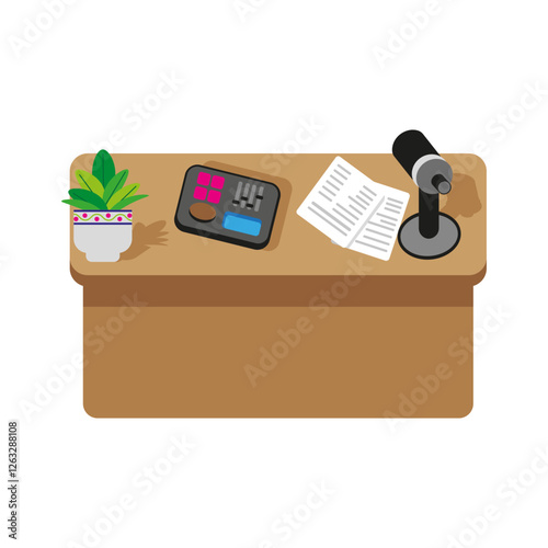 Podcast recording desk. Studio microphone setup. Broadcasting control panel. Creative workspace vector. EPS 10.