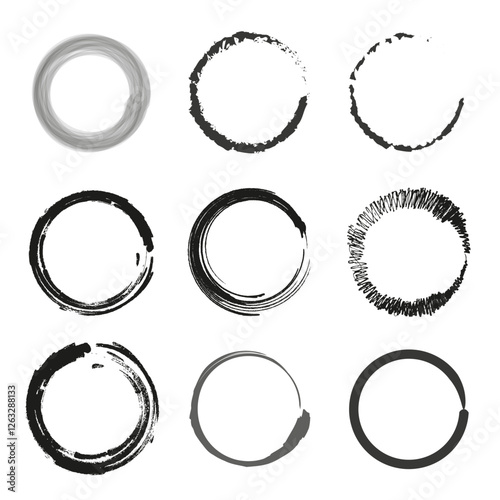 Artistic circle brush. Handmade stroke detail. Abstract textured shapes. Vector collection. EPS 10.