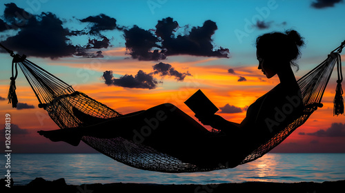 Woman reading in hammock at sunset beach. Relaxation, vacation imagery