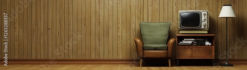 Retro living room, vintage TV, armchair, wood paneling. 70s vibe