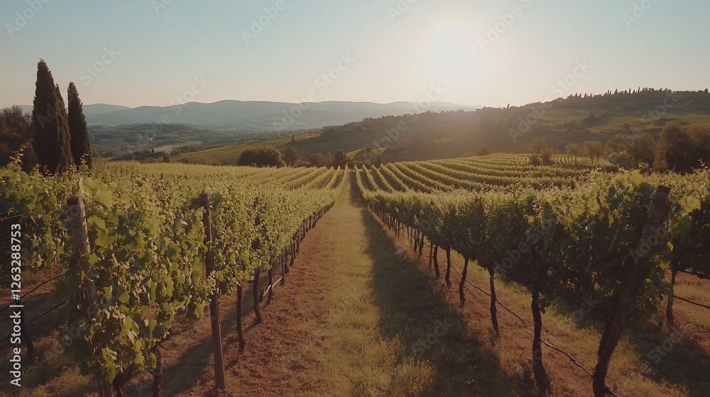 Naklejka premium Tuscan Vineyard Sunset: Rolling Hills and Golden Hour Vinescape