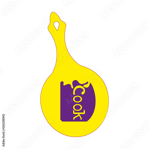 Yellow frying pan. Purple cook text. Decorative kitchenware icon. Playful vector illustration. EPS 10.