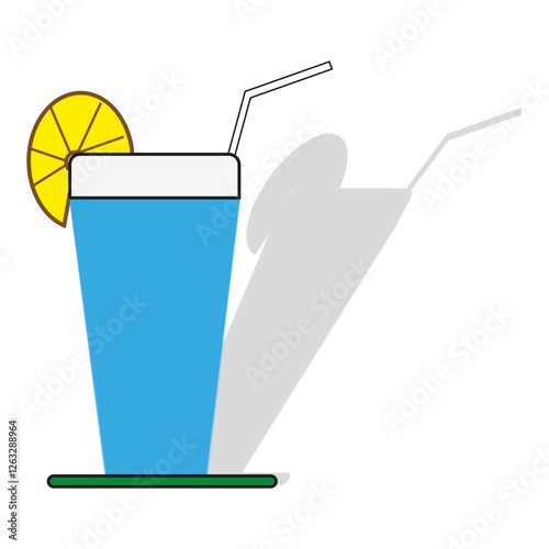 Lemon drink illustration. Fresh summer beverage. Blue glass icon. Minimalist vector style. EPS 10.