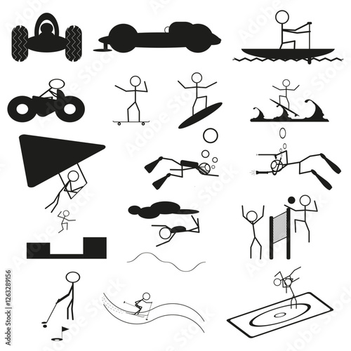 Sports activity icons. Extreme sports vector. Stick figure symbols. Outdoor action shapes. EPS 10.