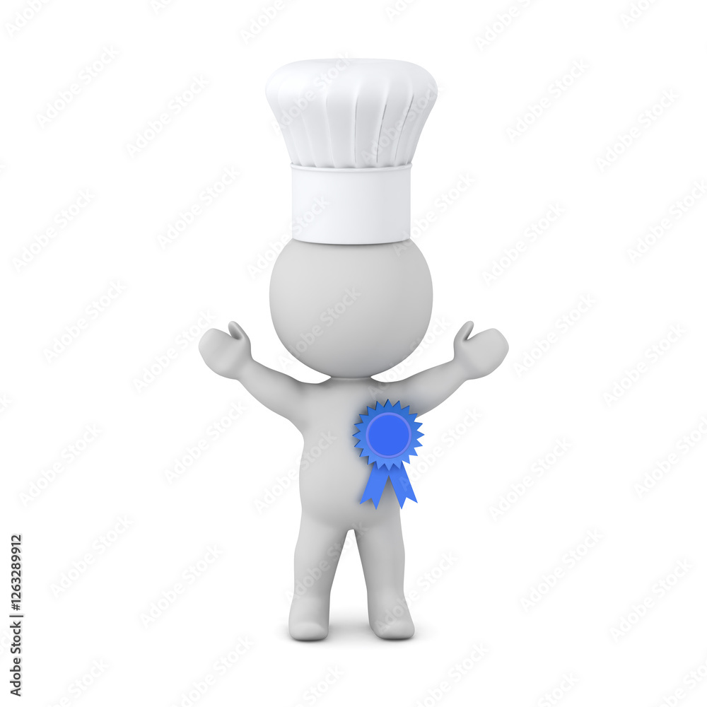 Happy 3D Character Chef with a Blue Ribbon. Isolated on white background.. Happy 3D Character Chef with a Blue Ribbon. Isolated on white background..