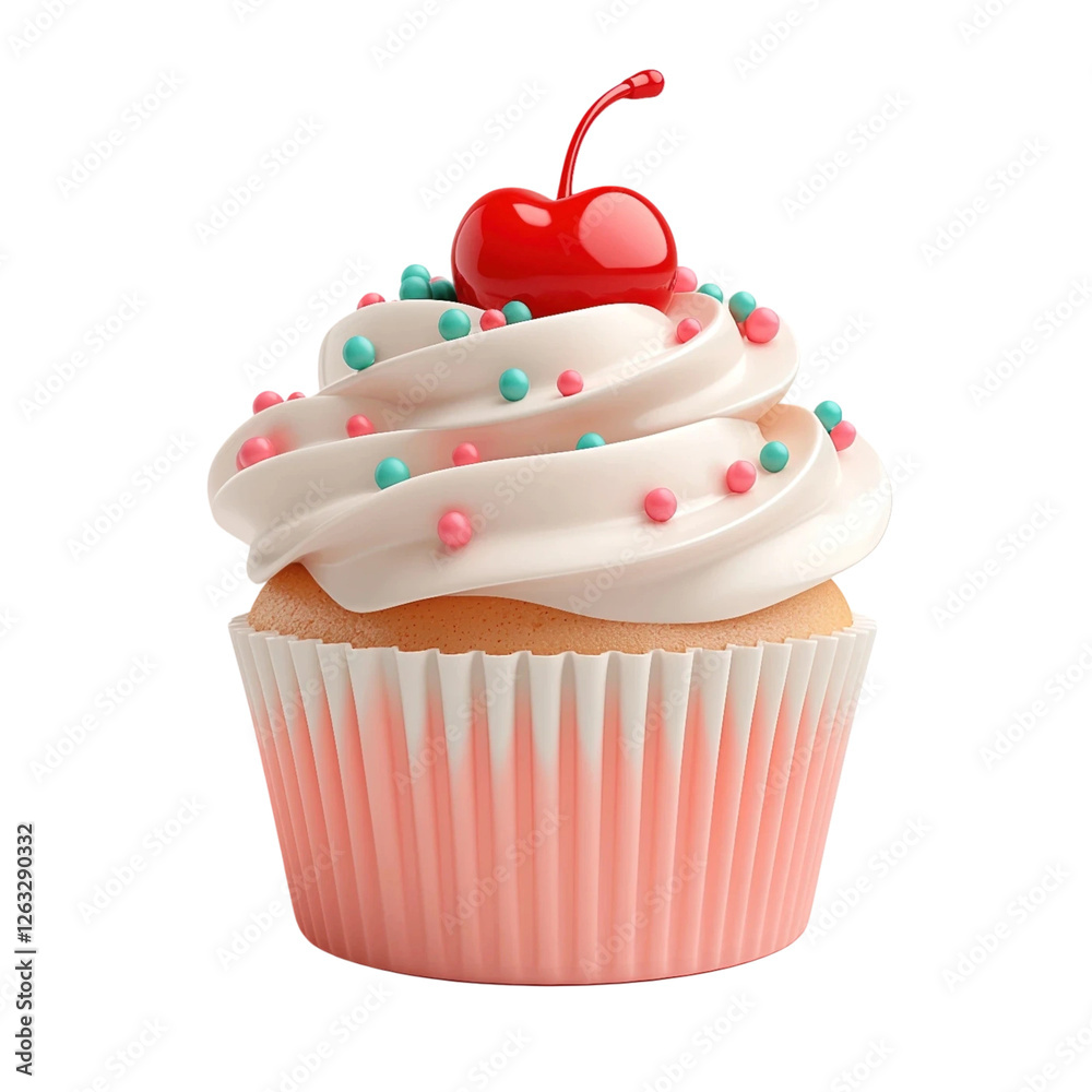 Vibrant 3D cupcake illustration with cherry topping and colorful sprinkles Vibrant 3D cupcake illustration with cherry topping and colorful sprinkles