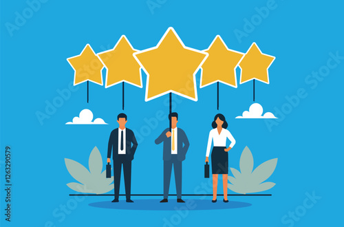 Team success reflected in five-star ratings. Employees proudly displaying top-rated performance, symbolizing customer satisfaction and employee engagement.