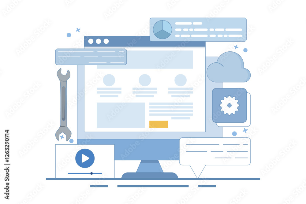 Content management system concept, website CMS, CMS development. Software used to create, manage and publish digital content. Vector illustration with icons on the background. Content management system concept, website CMS, CMS development. Software used to create, manage and publish digital content. Vector illustration with icons on the background.