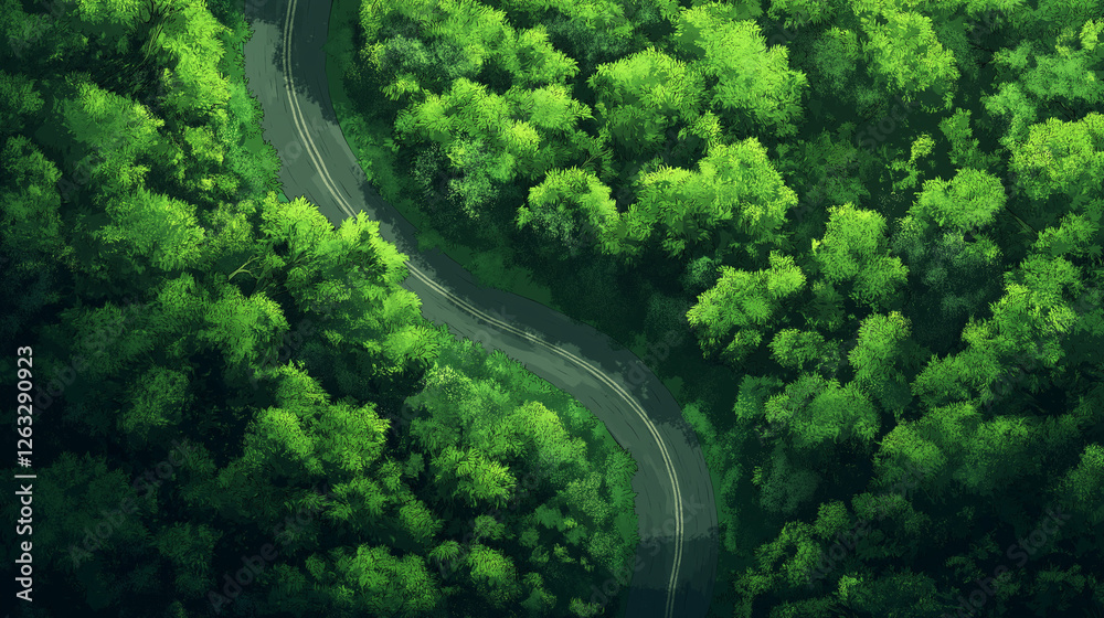 A serene aerial view of a winding road embraced by lush green trees, creating a beautiful contrast between nature and human creation in a peaceful environment. A serene aerial view of a winding road embraced by lush green trees, creating a beautiful contrast between nature and human creation in a peaceful environment.
