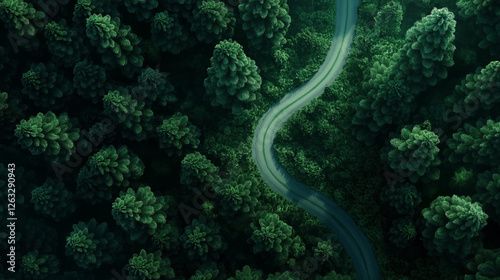 An aerial view of a winding road gracefully threading through a lush, thick forest, evoking a sense of adventure and harmony with nature in its vibrant greenery.