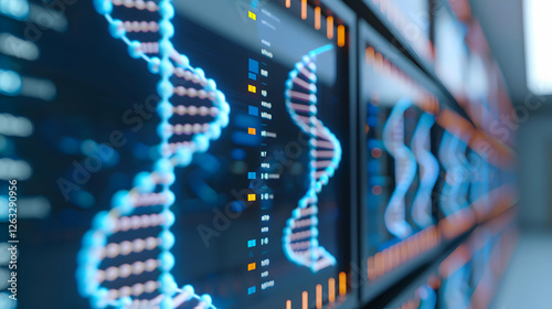 Abstract DNA strands displayed on high-tech screens, visualizing genetic data analysis