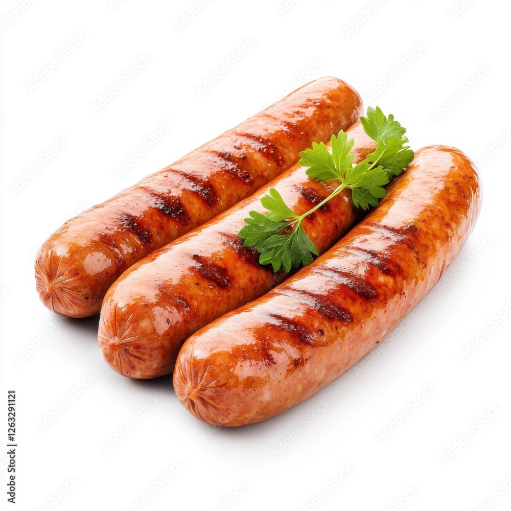 Grilled Sausages with Fresh Herb Garnish on Isolated White Background for Culinary Use Grilled Sausages with Fresh Herb Garnish on Isolated White Background for Culinary Use