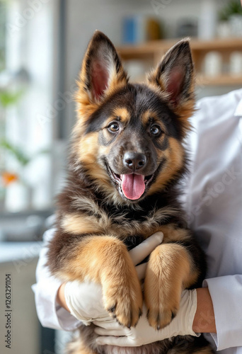 Happy German Shepherd puppy in veterinarian’s arms after vaccination in a bright clinic. photo