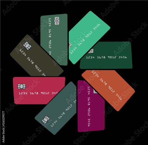 Credit cards, eight of them are arranged in a circular formation with an eight pointed star in the middle. They are generic, mock, safe for publication and isolated on background.