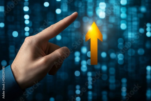 Hand Touching Yellow Arrow Pointing Up on Stock Market Graph with Dotted Background