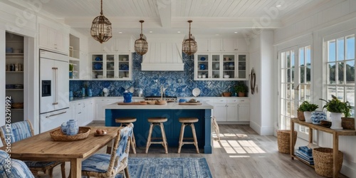 Bright Coastal Kitchen With Blue And White Accents photo