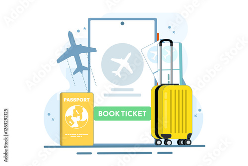 Concept Mobile application for buying tickets with a smartphone. Booking airline tickets. Planet Earth, airline tickets and luggage. Travel, business trip. Flat vector illustration on the background.