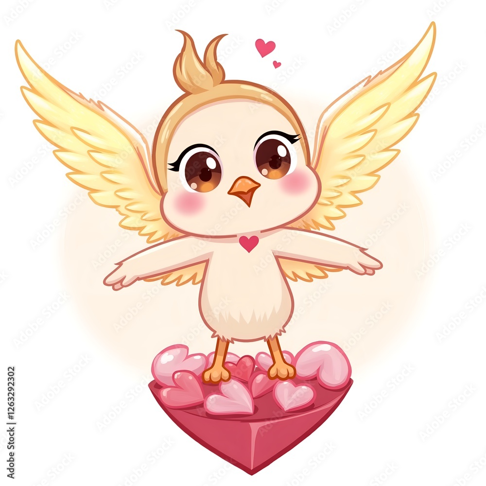 Fototapeta premium Cute lovebird with wings surrounded by hearts