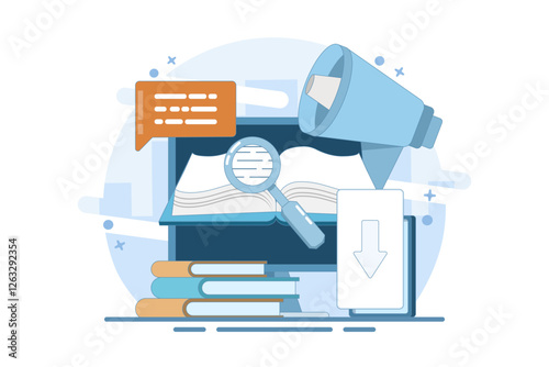 Concept of downloading e-books from the internet, reading e-books, marketing e-books for business promotion. E-book marketing campaign. Flat vector illustration with icons on the background.