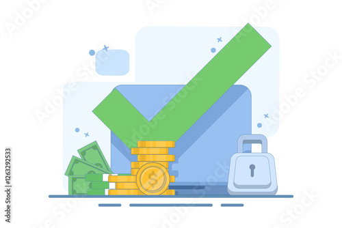 The concept of secure access to an online money wallet. Protected with a lock check mark on the computer, protection of internet money deposits through a padlock, security of electronic technology.