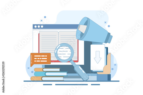Concept of downloading e-books from the internet, reading e-books, marketing e-books for business promotion. E-book marketing campaign. Flat vector illustration with icons on the background.