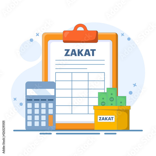 Zakat Concept Design. Zakat Document with Calculator and Box Vector Illustration. Islamic Ramadan about giving alms or sharing with others on landing page. Paying Zakat. Flat vector illustration.